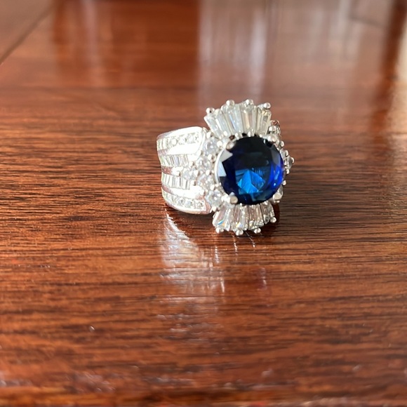 White Gold Plated Blue Sapphire Diamond Crown Simulated Ring - Picture 4 of 14